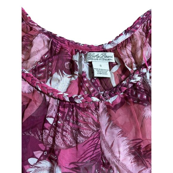 Lucky Brand Womens Peasant Boho Sheer Top Sz S Feather Print Braided Neck - Picture 11 of 12